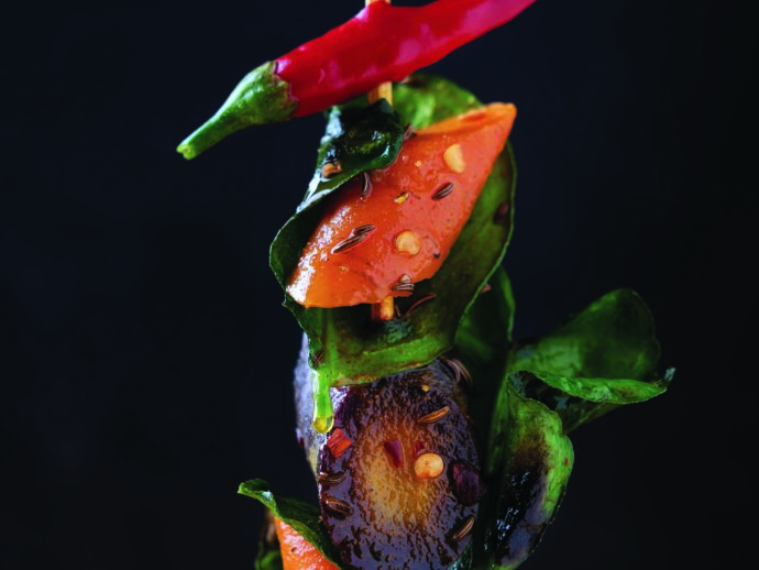 Carrot and Lime Leaf Kebabs with Lemongrass and Caraway Seeds