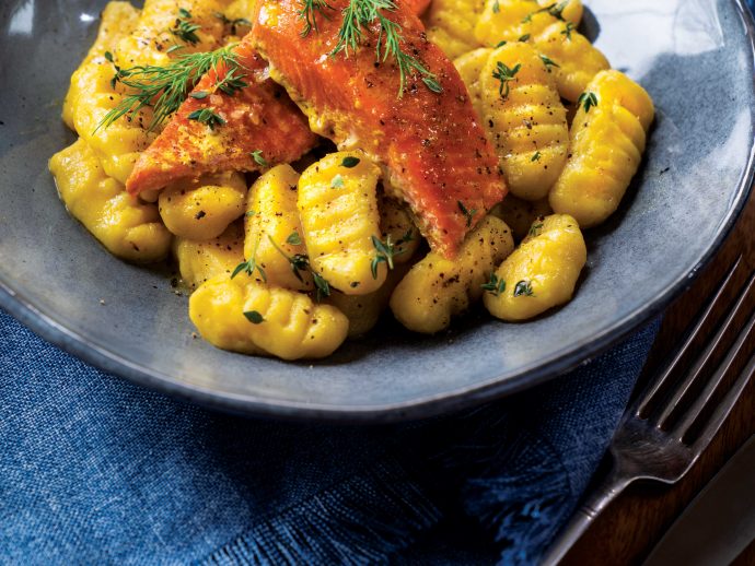 Rutabaga Gnocchi with Saffron Lemon Salmon